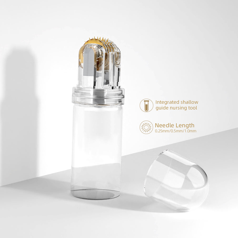 A clear cylindrical plastic container with a transparent cap placed beside it, holding a metallic needle roller tool with a gold-toned circular head. The image is on a clean white studio background with soft shadows and small text callouts describing the integrated shallow guide nursing tool and needle length.