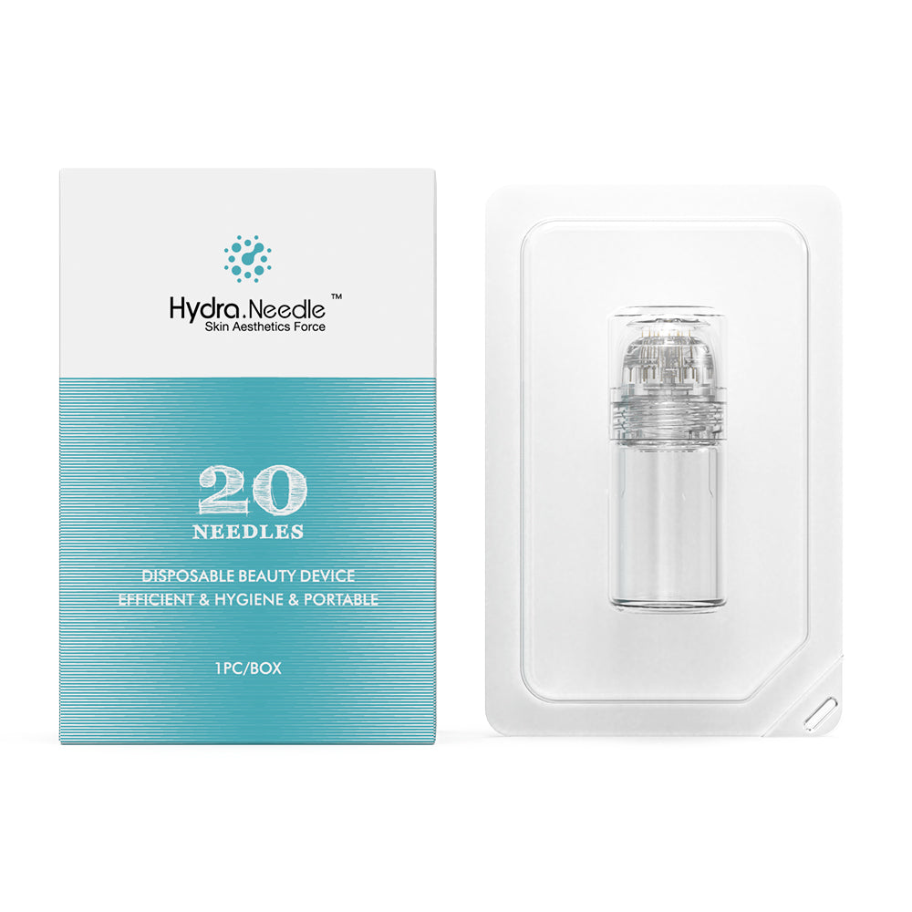 Hydra Needle disposable beauty device packaging with clear container on a white background