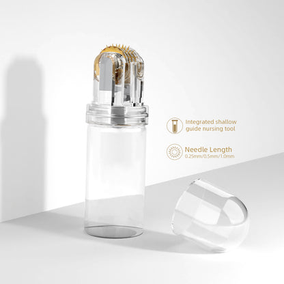 A clear cylindrical plastic container with a transparent cap placed beside it, holding a metallic needle roller tool with a gold-toned circular head. The image is on a clean white studio background with soft shadows and small text callouts describing the integrated shallow guide nursing tool and needle length.
