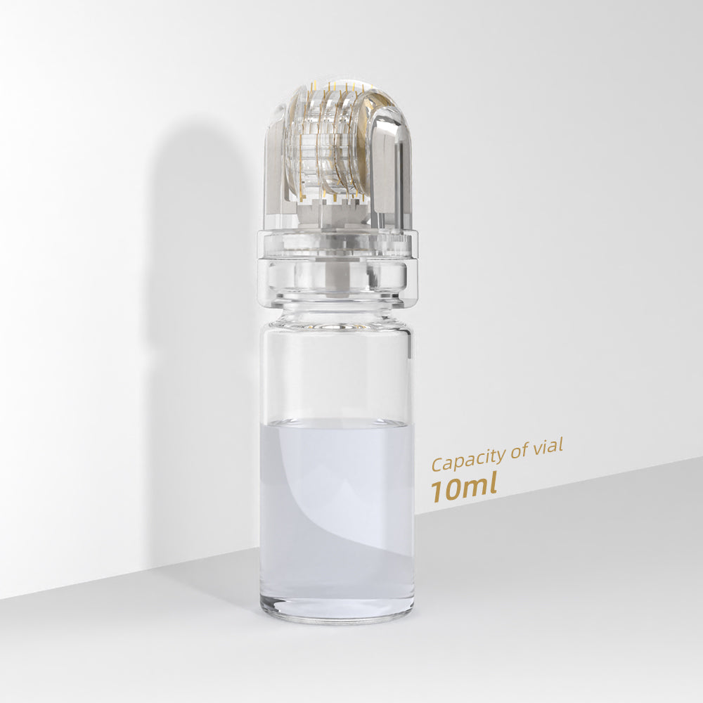 A 10ml clear glass dermal roller bottle with a transparent cap showing multiple fine needles, set against a clean white background with a soft shadow and text indicating &