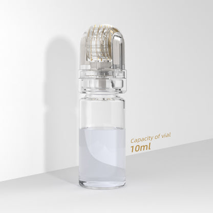 A 10ml clear glass dermal roller bottle with a transparent cap showing multiple fine needles, set against a clean white background with a soft shadow and text indicating &
