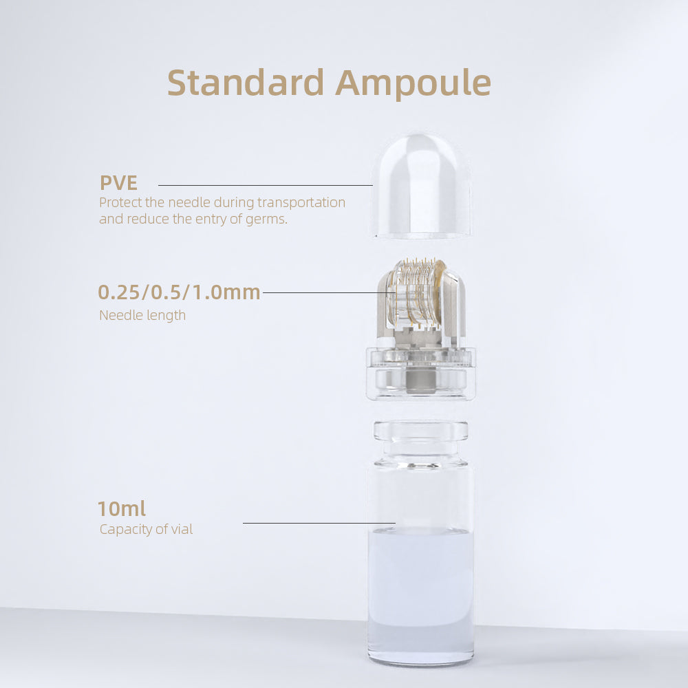 A clear standard ampoule with a transparent protective cap and internal needle assembly, shown on a light gray background with labeled callouts for PVE, needle length, and 10ml capacity.