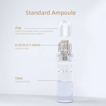 A clear standard ampoule with a transparent protective cap and internal needle assembly, shown on a light gray background with labeled callouts for PVE, needle length, and 10ml capacity.